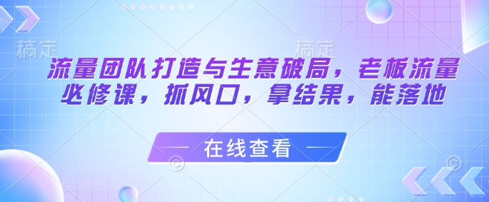 流量团队打造与生意破局，老板流量必修课，抓风口，拿结果，能落地-资源村