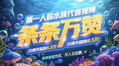第一人称水族代言视频，条条万赞，20条作品涨粉7.8W，多种变现方式月入五位数-资源村
