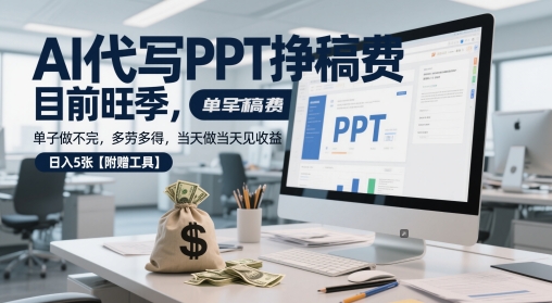 AI代写PPT挣稿费，目前旺季，单子做不完，多劳多得，当天做当天见收益，日入5张【附赠工具】-资源村