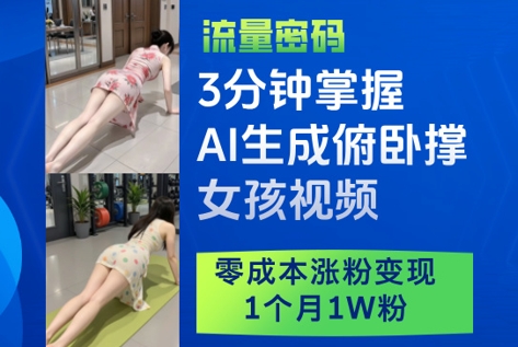 3分钟掌握AI生成俯卧撑女孩视频，零成本涨粉变现，1个月1W粉-资源村